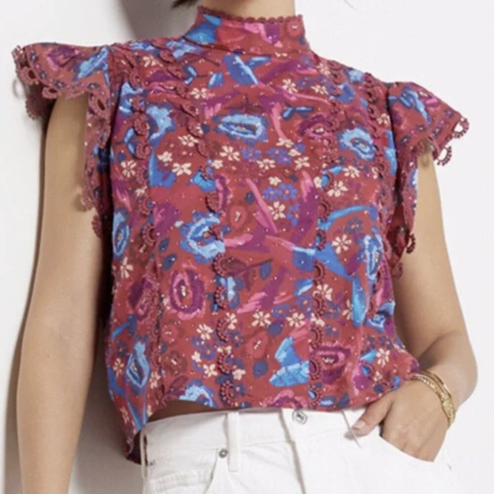 Farm Rio Floral Birds Blush Sleeveless Blouse, Size Large